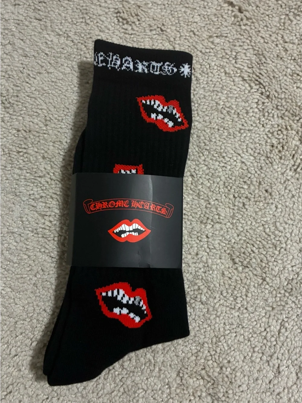 Chrome Hearts Black Crew Socks with Red Lip Motif